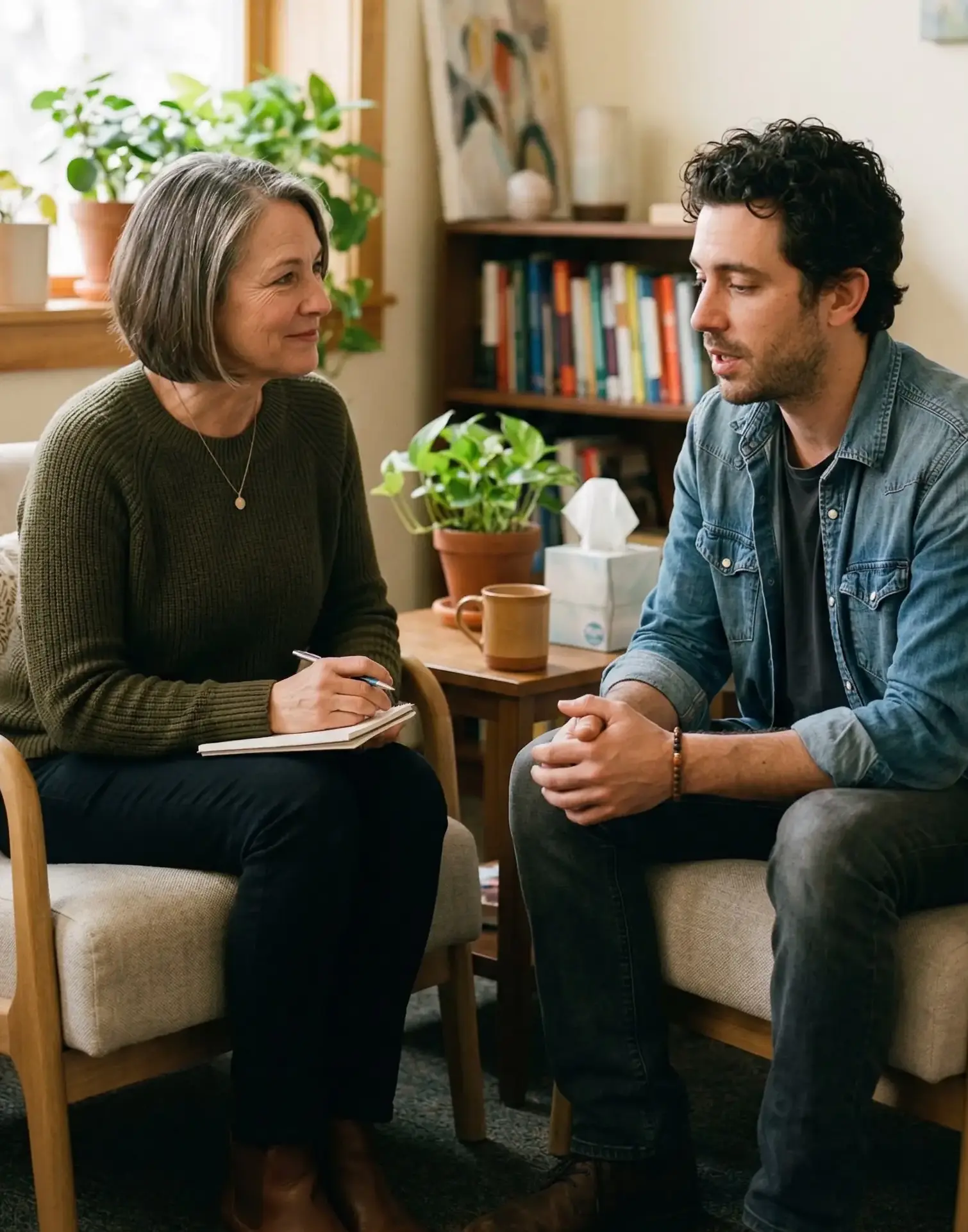 Therapist speaking with a patient during a recovery counseling session